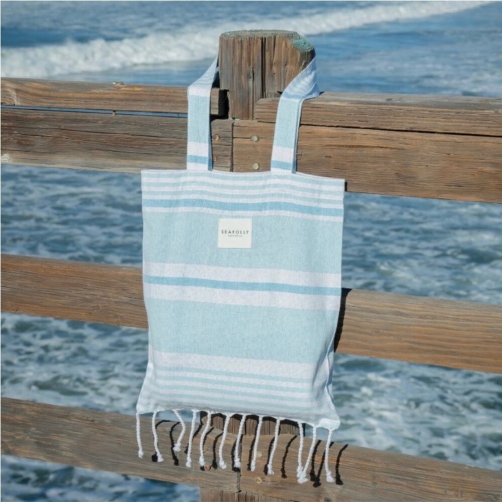 Seafolly Australia Turkish Towel Set Blue Mist‎ Stripe Beach Bag NEW